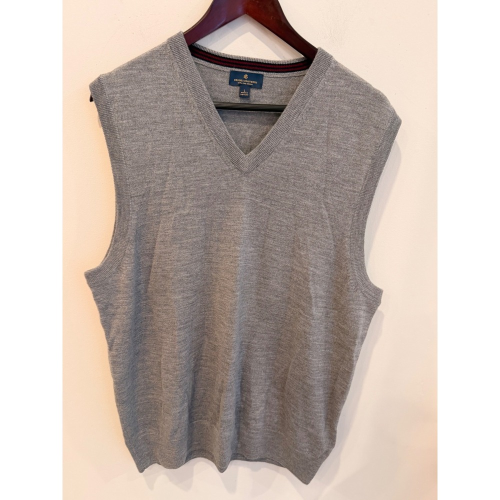 Brooks Brothers Mens Extra Fine Merino Wool V-Neck Sweater Vest Gray Large L